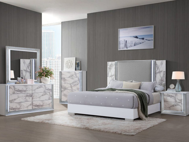 49" Silver And White Wood Faux Marble Lighted Five Drawer Dresser