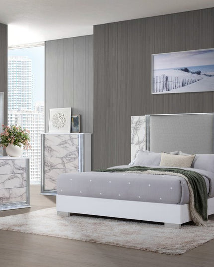 49" Silver And White Wood Faux Marble Lighted Five Drawer Dresser