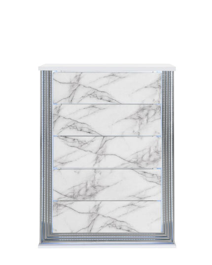 49" Silver And White Wood Faux Marble Lighted Five Drawer Dresser