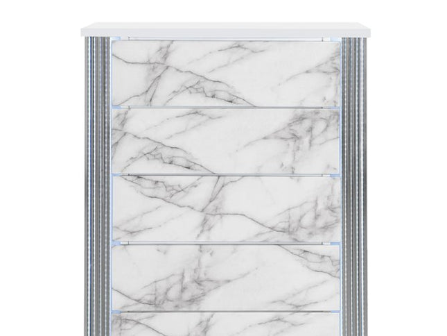49" Silver And White Wood Faux Marble Lighted Five Drawer Dresser