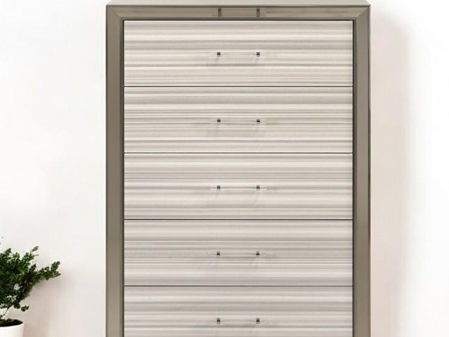 53" Beige And White Wood Lighted Five Drawer Dresser