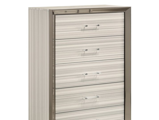 53" Beige And White Wood Lighted Five Drawer Dresser