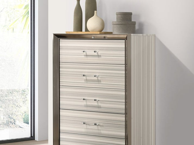 53" Beige And White Wood Lighted Five Drawer Dresser