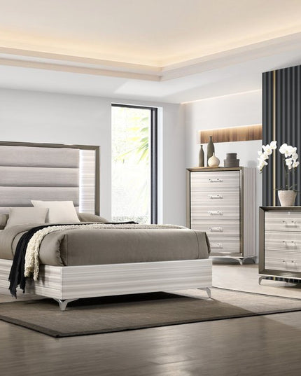 53" Beige And White Wood Lighted Five Drawer Dresser