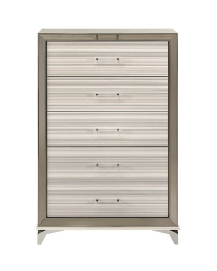 53" Beige And White Wood Lighted Five Drawer Dresser