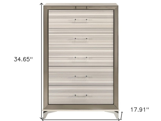 53" Beige And White Wood Lighted Five Drawer Dresser
