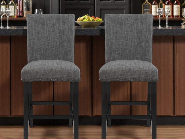 Set of Two 26" Gray and Black Wood and Fabric Counter Height Bar Chairs