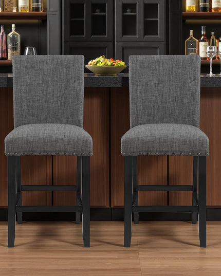 Set of Two 26" Gray and Black Wood and Fabric Counter Height Bar Chairs