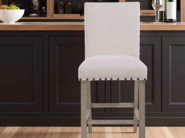 26" White and Natural Wood and Fabric Counter Height Bar Chair