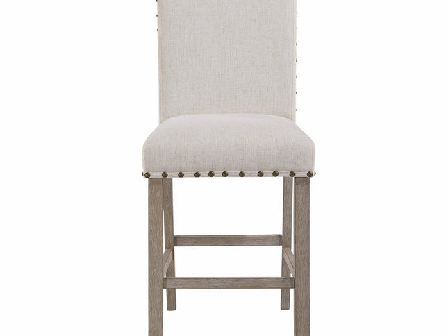 26" White and Natural Wood and Fabric Counter Height Bar Chair