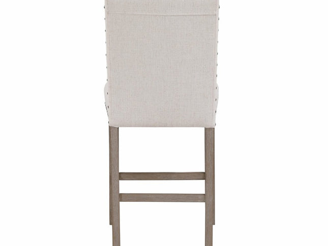 26" White and Natural Wood and Fabric Counter Height Bar Chair