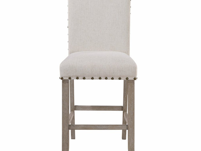26" White and Natural Wood and Fabric Counter Height Bar Chair