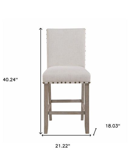 26" White and Natural Wood and Fabric Counter Height Bar Chair