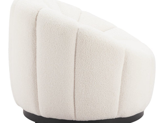 36" Cream And Black Faux Shearling And Upholstered Barrel Chair