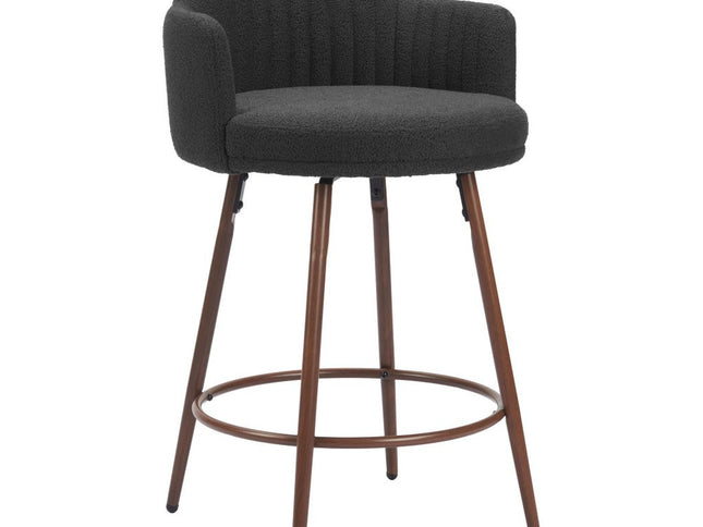 Set of Two 26" Black and Walnut Faux Shearling and Steel Counter Height Swivel Bar Chairs