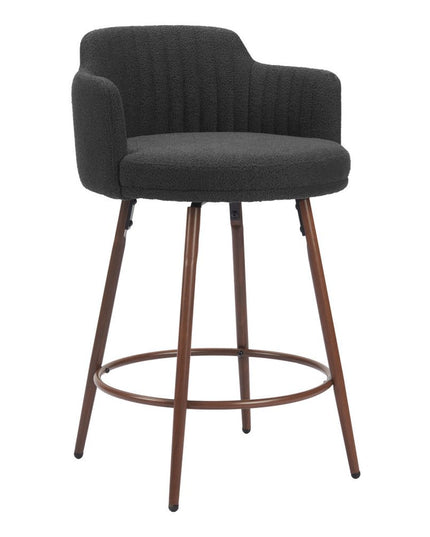 Set of Two 26" Black and Walnut Faux Shearling and Steel Counter Height Swivel Bar Chairs