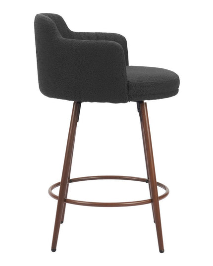 Set of Two 26" Black and Walnut Faux Shearling and Steel Counter Height Swivel Bar Chairs