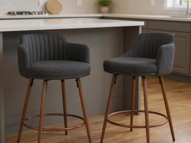 Set of Two 26" Black and Walnut Faux Shearling and Steel Counter Height Swivel Bar Chairs