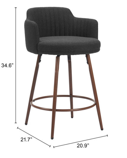 Set of Two 26" Black and Walnut Faux Shearling and Steel Counter Height Swivel Bar Chairs