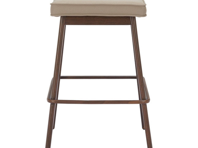 Set of Two 27" Beige and Walnut Faux Leather and Steel Backless Counter Height Bar Chairs