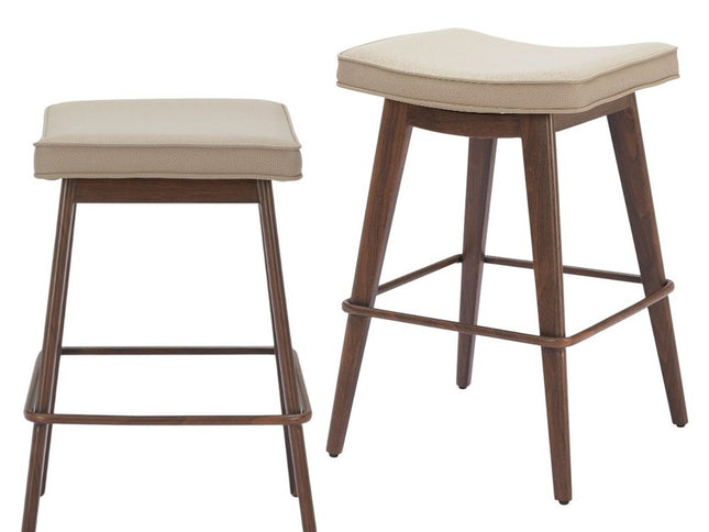 Set of Two 27" Beige and Walnut Faux Leather and Steel Backless Counter Height Bar Chairs