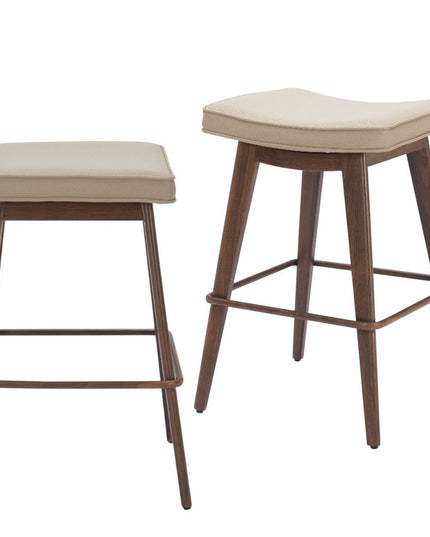 Set of Two 27" Beige and Walnut Faux Leather and Steel Backless Counter Height Bar Chairs