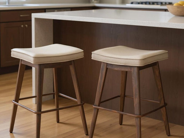 Set of Two 27" Beige and Walnut Faux Leather and Steel Backless Counter Height Bar Chairs