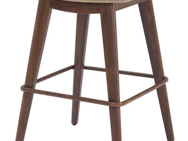 Set of Two 27" Beige and Walnut Faux Leather and Steel Backless Counter Height Bar Chairs