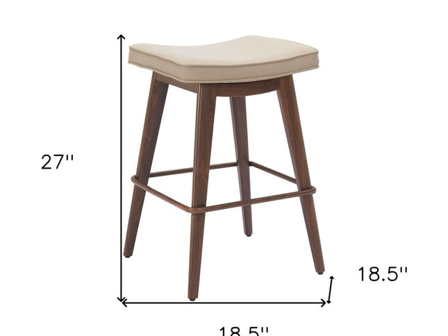Set of Two 27" Beige and Walnut Faux Leather and Steel Backless Counter Height Bar Chairs