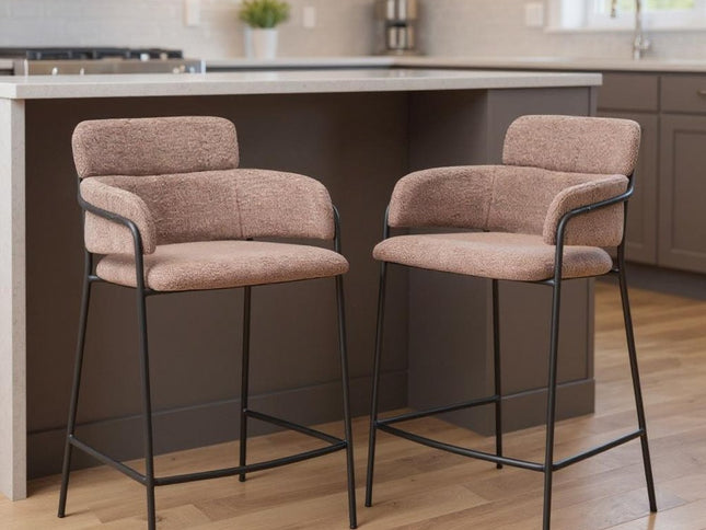 Set of Two 26" Brown and Black Faux Shearling and Steel Counter Height Bar Chairs