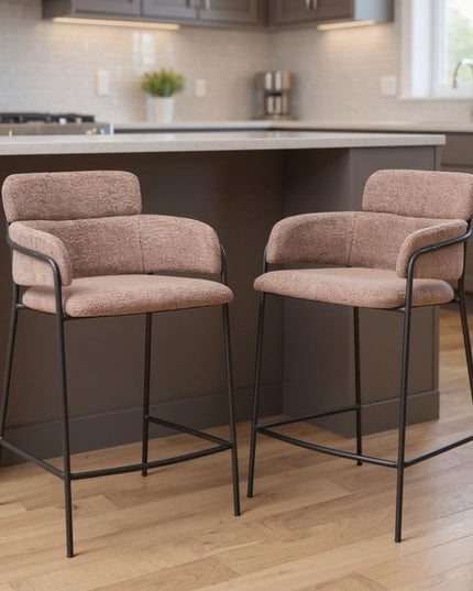 Set of Two 26" Brown and Black Faux Shearling and Steel Counter Height Bar Chairs