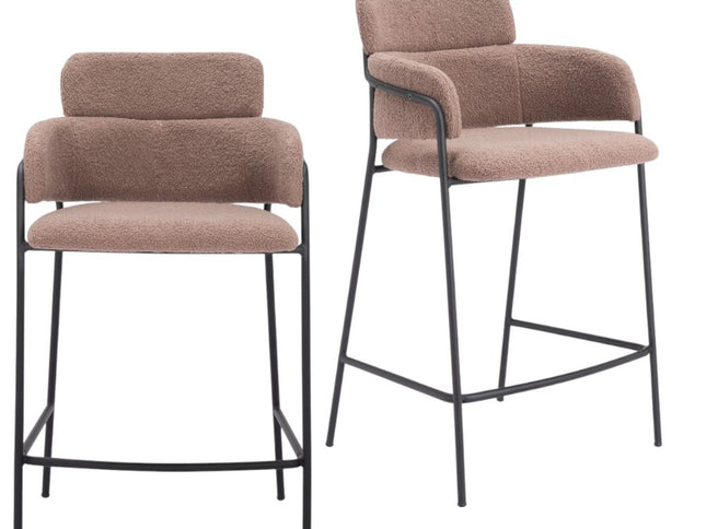 Set of Two 26" Brown and Black Faux Shearling and Steel Counter Height Bar Chairs
