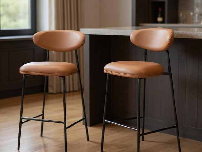 Set of Two 29" Brown and Black Faux Leather and Steel Low Back Bar Height Bar Chairs