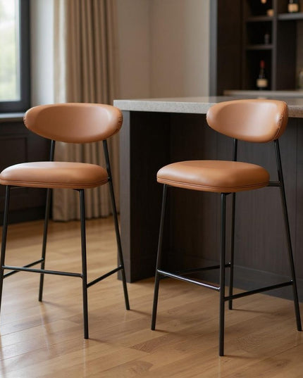 Set of Two 29" Brown and Black Faux Leather and Steel Low Back Bar Height Bar Chairs