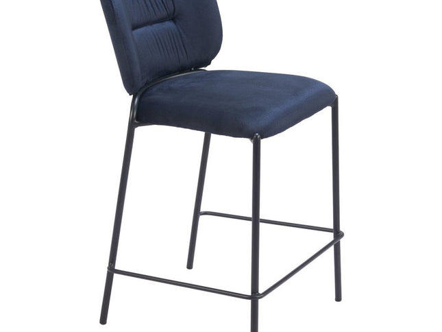 Set of Two 25" Blue and Black Velvet and Steel Counter Height Bar Chairs