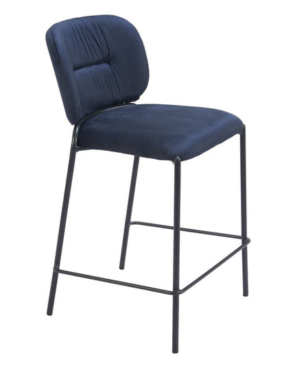 Set of Two 25" Blue and Black Velvet and Steel Counter Height Bar Chairs