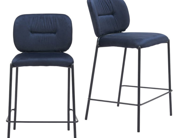 Set of Two 25" Blue and Black Velvet and Steel Counter Height Bar Chairs