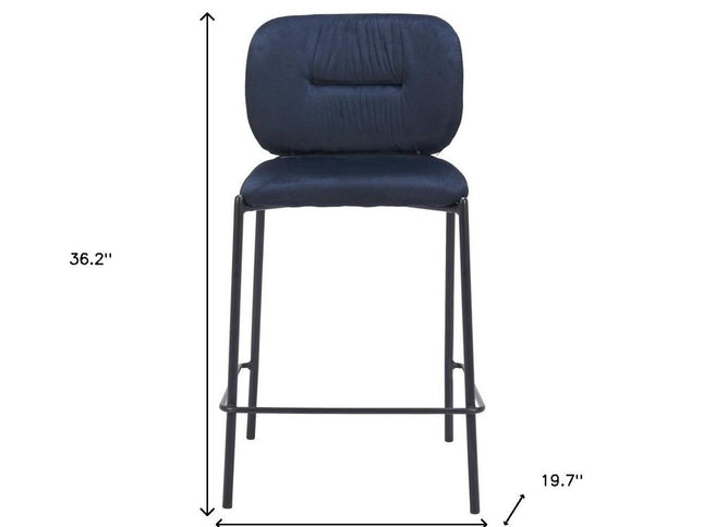 Set of Two 25" Blue and Black Velvet and Steel Counter Height Bar Chairs