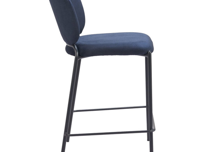 Set of Two 25" Blue and Black Velvet and Steel Counter Height Bar Chairs