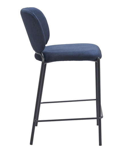 Set of Two 25" Blue and Black Velvet and Steel Counter Height Bar Chairs
