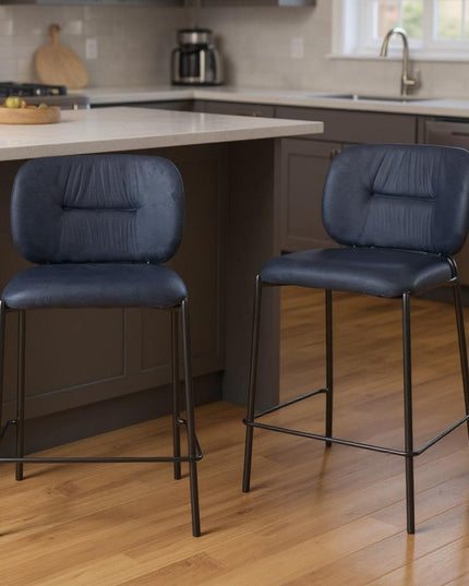 Set of Two 25" Blue and Black Velvet and Steel Counter Height Bar Chairs