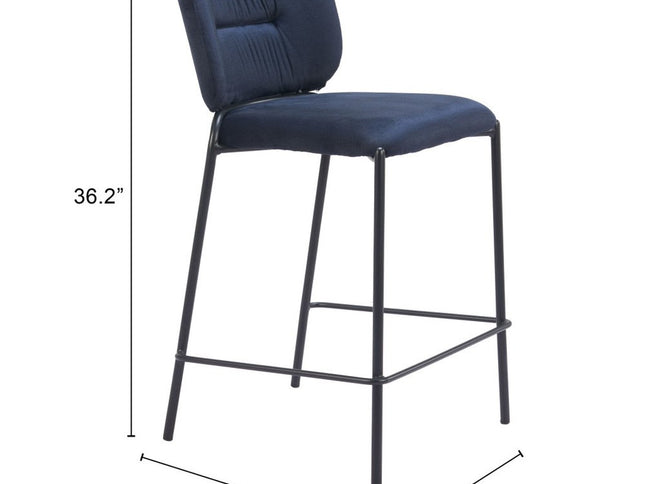 Set of Two 25" Blue and Black Velvet and Steel Counter Height Bar Chairs