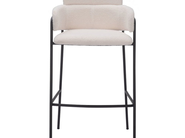 Set of Two 30" Cream and Black Faux Shearling and Steel Bar Height Bar Chairs