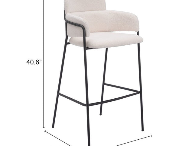 Set of Two 30" Cream and Black Faux Shearling and Steel Bar Height Bar Chairs