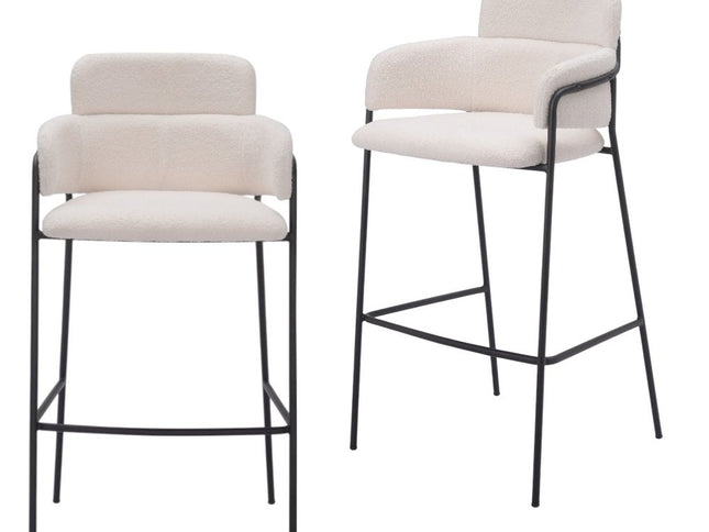 Set of Two 30" Cream and Black Faux Shearling and Steel Bar Height Bar Chairs