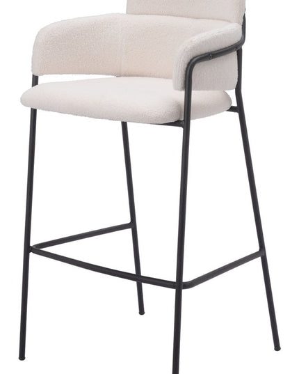 Set of Two 30" Cream and Black Faux Shearling and Steel Bar Height Bar Chairs