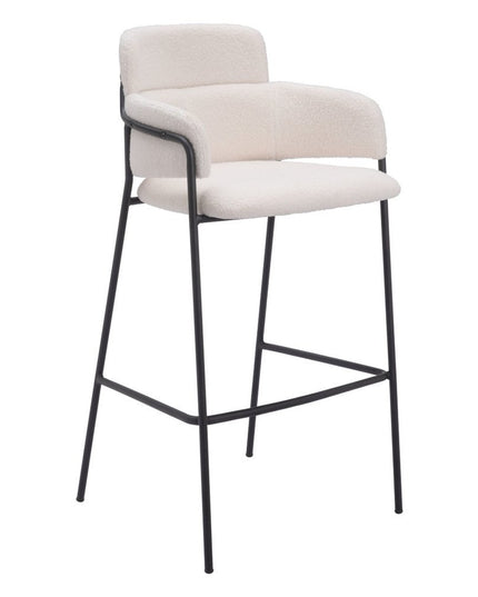Set of Two 30" Cream and Black Faux Shearling and Steel Bar Height Bar Chairs