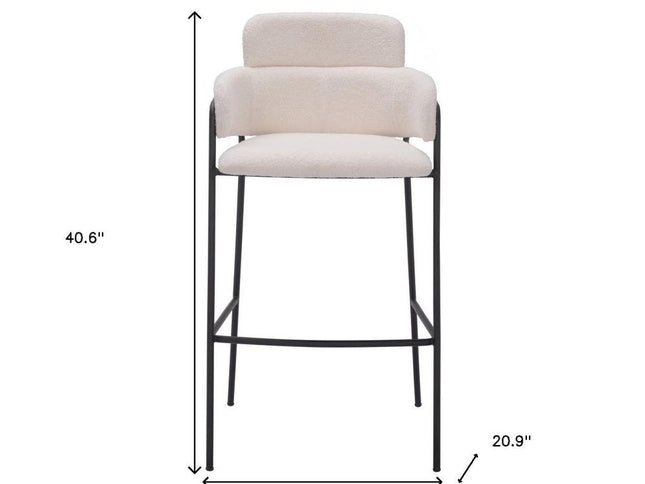 Set of Two 30" Cream and Black Faux Shearling and Steel Bar Height Bar Chairs