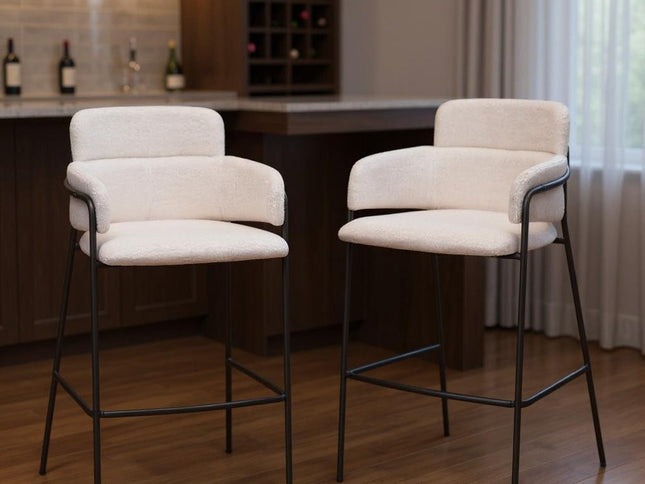 Set of Two 30" Cream and Black Faux Shearling and Steel Bar Height Bar Chairs