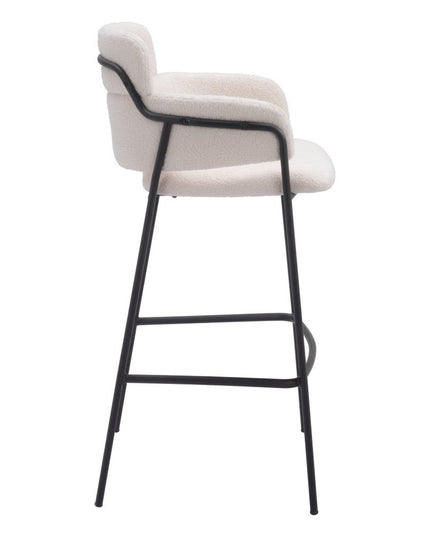 Set of Two 30" Cream and Black Faux Shearling and Steel Bar Height Bar Chairs